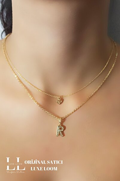 Luxe Loom Kadın Gold Zirkon Taşlı Küçük Kalpli R Harfli Çift Katman Kolye 006