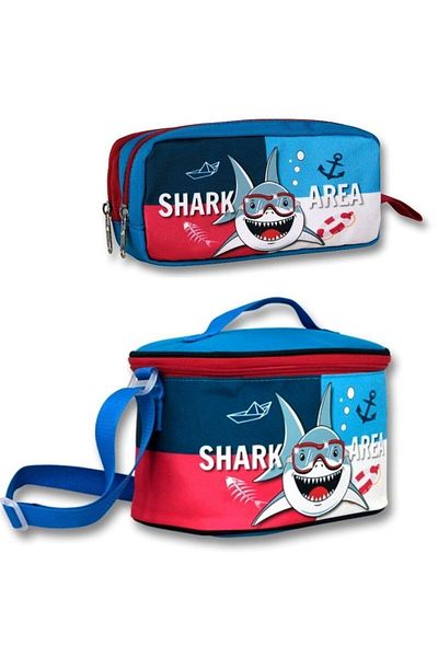ÜMİT ÇANTA Set cutie de prânz izolată și suport pentru stilou pentru băiat Ümit Çanta - Blue Navy Shark