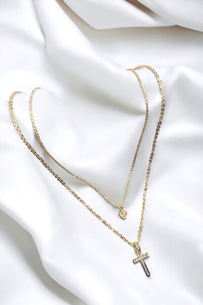 Luxe Loom Zarafetin Işıltısı Kadın Kararmayan Çelik Gold Zirkon Taşlı Küçük Kalpli T Harfli Çift Katman Kolye 006