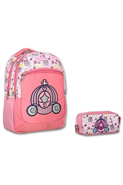 ÜMİT ÇANTA Cennec Pink Princess Primary School Backpack and Pen Holder Set - Girl