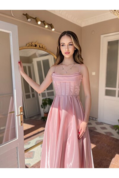 Genel Markalar Organze Saten Midi Boy Askılı Elbise Düğün Nişanlık Mezuniyet