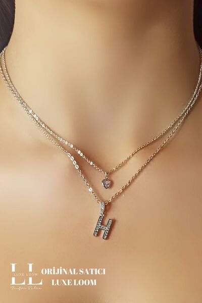 Luxe Loom Kadın Kararmayan Çelik Gümüş Renk Zirkon Taşlı Küçük Kalpli H Harfli Çift Katman Kolye 006
