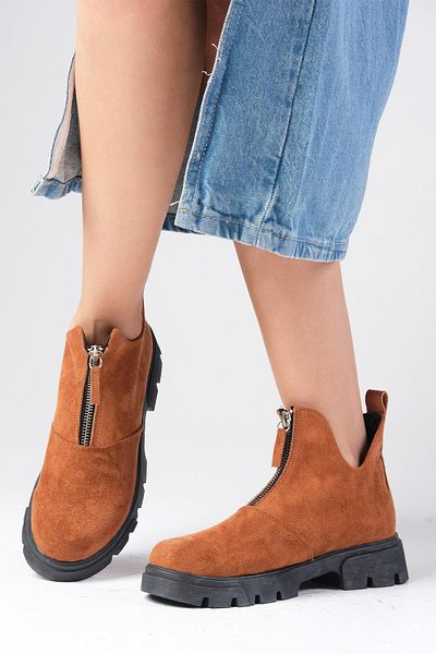 Mio Gusto Jill Tan Colored - Thick Sole Women's Boots with Front Zipper and Lining