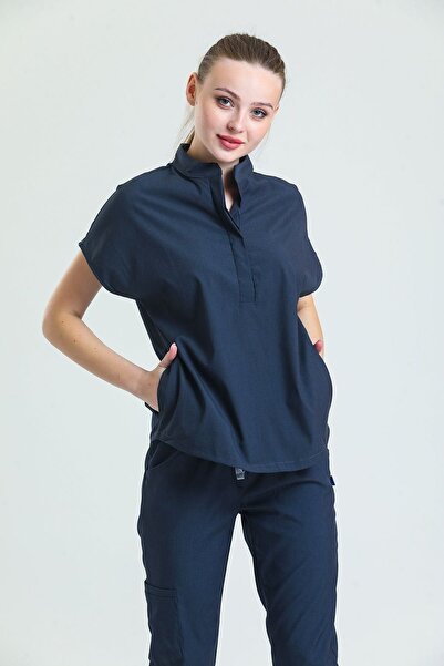 Wio Uniform Sanem- Kadın Likralı Koyu Gri Doktor Hemşire Cerrahi Üniforma Üst