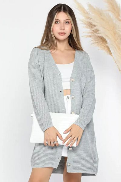 İKLİM LİFE Gray V-Neck Knitwear Cardigan - Buttoned
