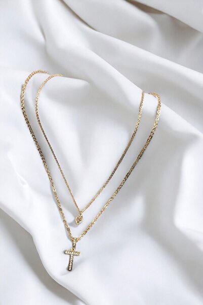 Luxe Loom Zarafetin Işıltısı Kadın Kararmayan Çelik Gold Zirkon Taşlı Küçük Kalpli T Harfli Çift Katman Kolye 006