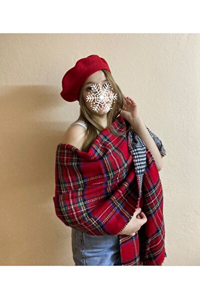 sema aksesuar Red Double Sided Plaid and Herringbone Shawl Scarf and Painter Beret Set of 2 - Valentine's Day Gift