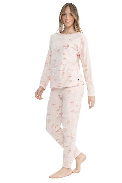 U.S. Polo Assn. Set de pijamale cu mânecă lungă cu imprimeu cu gât rotund roz pentru femei