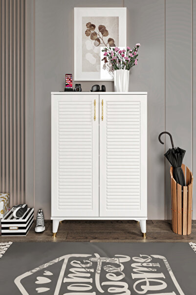 mapahomeliving Panjurlu Ayakkabılık Metal Kulp Çok Amaçlı Dolap Mutfak Kiler Balkon Beyaz Gold