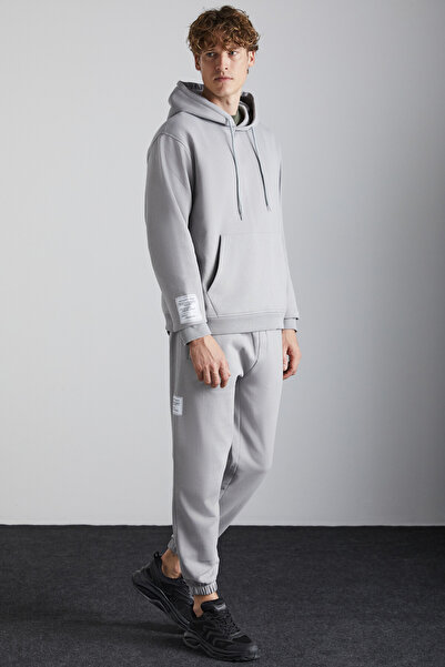 GRIMELANGE PERCIVAL Erkek 3 İplik İçi Şardonlu Süs Etiketi Detaylı Kanguru Cepli Gri Kapüşonlu Sweatshirt