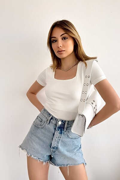 LACHT Γυναικεία κοντομάνικη τετράγωνη λαιμόκοψη Λευκή μονόχρωμη μπλούζα βισκόζης