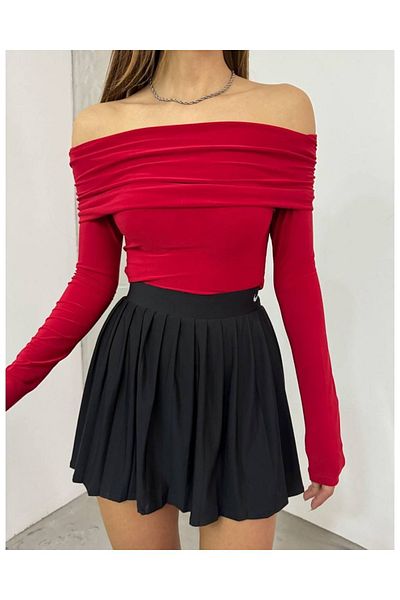 DEQ FASHION Women's Red Madonna Collar Lycra Viscose Long Sleeve Sandy Blouse