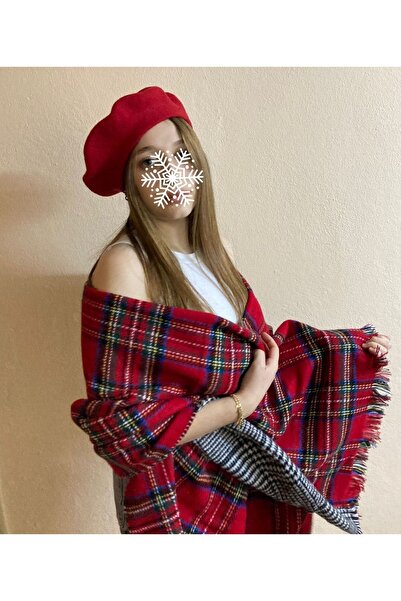 sema aksesuar Red Double Sided Plaid and Herringbone Shawl Scarf and Painter Beret Set of 2 - Valentine's Day Gift