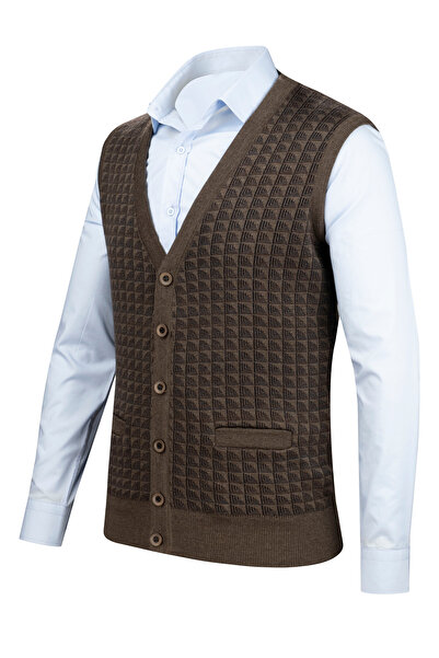 Çizgi Triko Мъжки плетен елек с V-образно деколте на райета - с копчета, шарки и еластична талия, стоманена плетка - 5002L