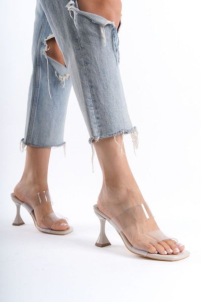 Saltopik Beige Patent Leather - Transparent Banded Champagne Heeled Slippers