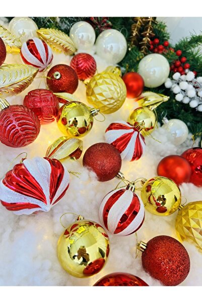 Derin Düşler Yılbaşı Çam Ağacı Süsü 36 Parça Set Kırmızı Gold Sedef Beyaz Top Süs Karma Ağaç Süsü