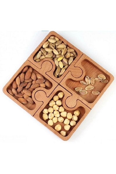 Redwood Wooden Puzzle 4-Piece Snack Bowl - Presentation Plate - Breakfast and Serving