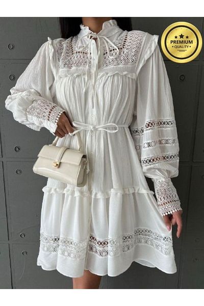 BRGCLOTHING Γυναικείο Premium Crinkle Fabric Lace Λεπτομερές Μίνι Φόρεμα με Φόδρα – Εισαγόμενο Κομψό Καλοκαιρινό Φόρεμα με Ζώνη