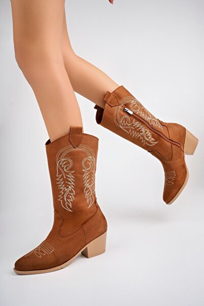 meyra'nın ayakkabıları Γυναικείες καουμπόικες μπότες Tan Suede Κεντημένες - Με φερμουάρ