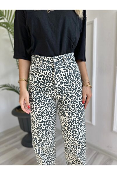 ky butikkk Kadın Kesik Paça Leopar Palazzo Jean