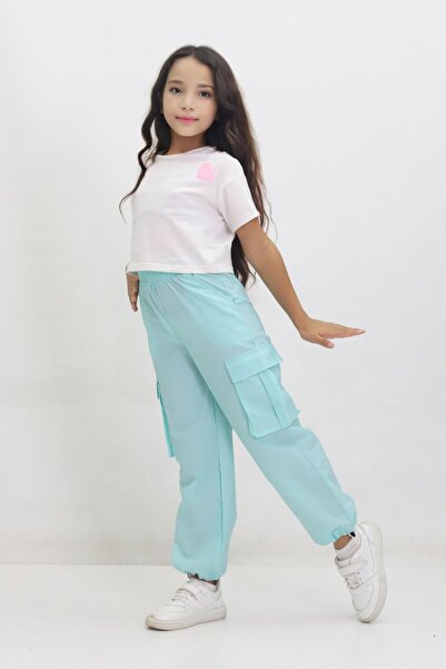 Kamex Turquoise Girl's Pants - with Parachute Cargo Pocket and Stopper