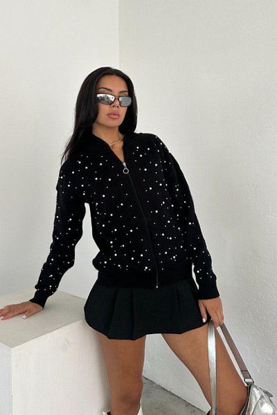 Ded COLLECTION Cardigan de damă cu fermoar cu perle