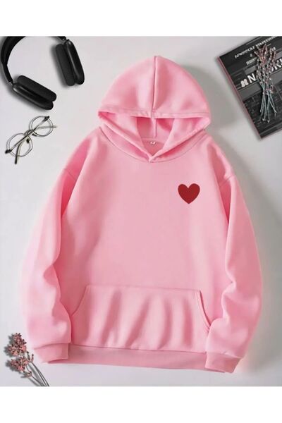 Jooy Company Kalp Baskılı Sevgili Çift Kombini Pembe Kapüşonlu Sweatshirt 2'li Set