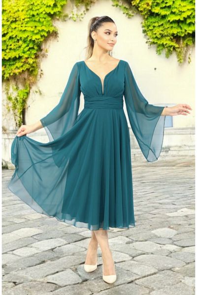 FaBe Fashion Λευκό σιφόν μίντι φόρεμα - μακριά μανίκια, λαιμόκοψη και μέση με κορδόνια, για σκοποβολή γάμου και αρραβώνων