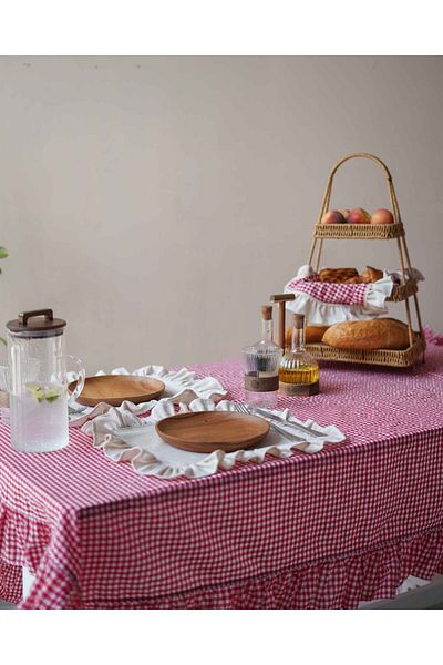 KaiHome 150x150cm Red Organic Checkered Ruffle Tablecloth - Picnic Cloth