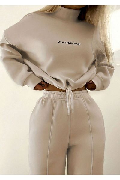 Know Women's 3 Thread Beige Storm Baby Printed Top and Bottom Tracksuit Set