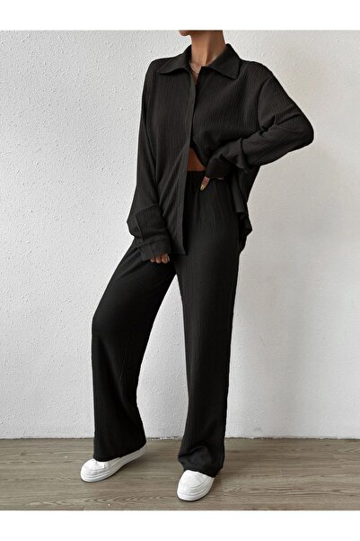 Know Black Crinkle Shirt, Trousers and Bustier - 3 Piece Set