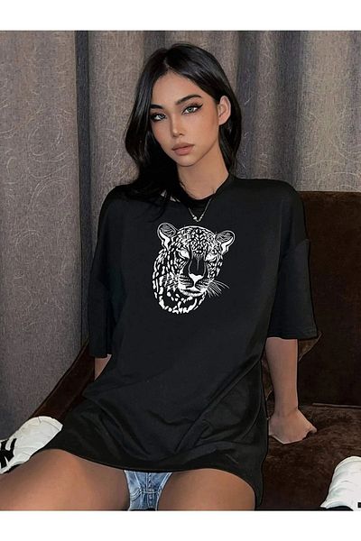Know Tricou oversize cu imprimeu cu figuri leopard negru de damă