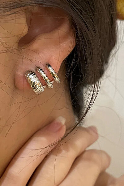 AURRARİ Gümüş Kaplama 3'lü Burgu Kıkırdak Görünüm Küpe Çifti