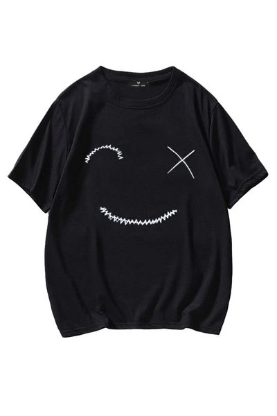 Know Μαύρο μπλουζάκι Unisex Oversize Smiling Face με στάμπα