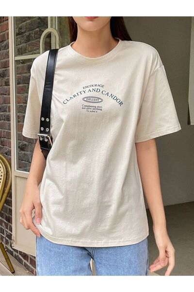 Know Women's Beige Clarity And Candor Printed Oversize T-shirt