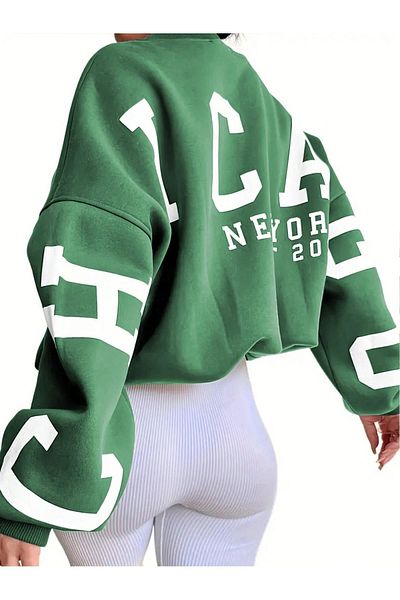 Know Women's 3 Thread Nefti Green Sleeves Chicago Printed Oversize Crew Neck Sweatshirt