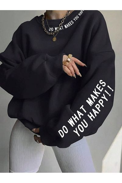 Know Dámská černá mikina s potiskem Oversize Crew s výstřihem