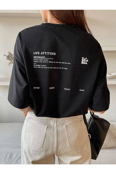 Know Women's Black Life Attitude Printed Oversize T-shirt