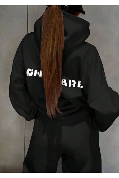 Know Women's 3 Thread Black I Dont Care Printed Hooded Tracksuit Set