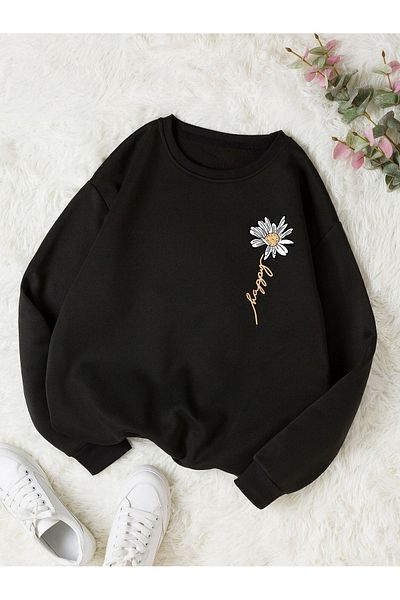 Know Dámská mikina Black Daisy s potiskem Crew Neck