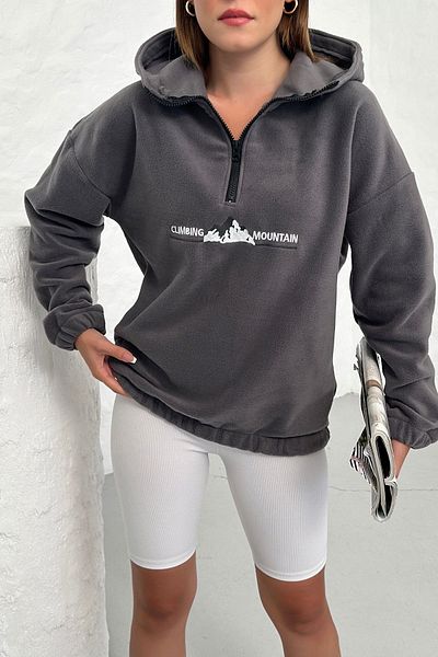 Know Dámská 3 nitná zakouřená fleecová mikina s kapucí s potiskem oversize s polovičním zipem