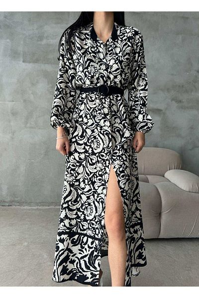 Know Black Patterned Viscose Maxi Dress - With Belt and Slit