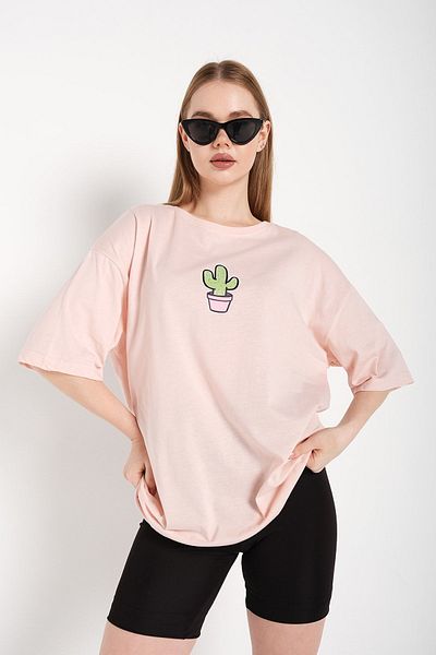 Know Tricou oversize cu imprimeu cu logo Cactus roz pentru femei