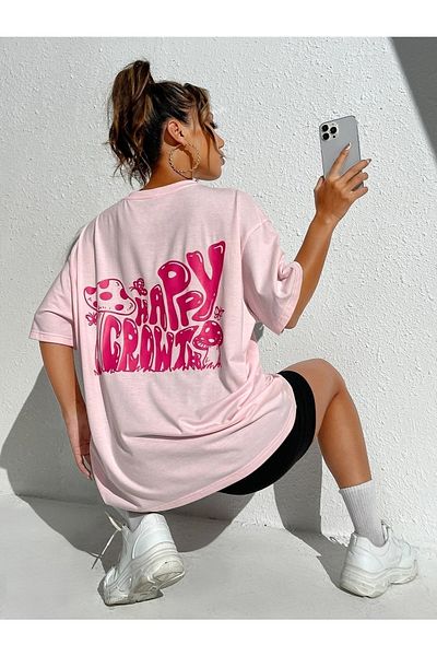 Know Γυναικείο μπλουζάκι σε σκόνη Pink Happy Crowt με στάμπα Oversize