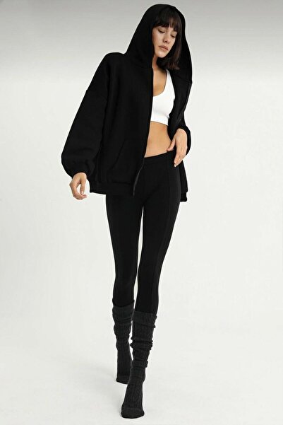 Know Hanorac negru oversize pentru femei cu fermoar