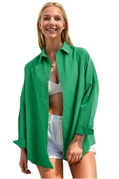 Cassime Cămașă oversize verde iarbă pentru femei - lungă și design de bază