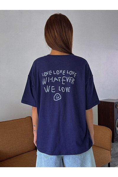 Know Women's Navy Blue Love Love Love Printed Oversize T-Shirt