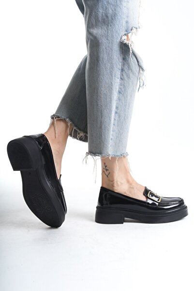 Diardi Kadın Siyah Rengi Rugan Günlük Loafer Kısa Topuklu Ayakkabı