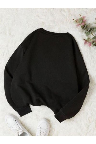 Know Dámská černá mikina s plachým medvídkem s potiskem Crew Neck