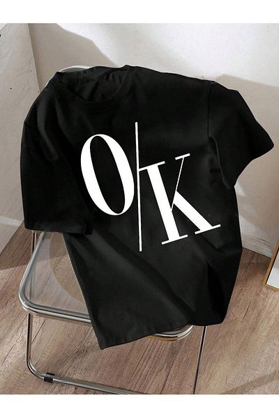 Know Tricou oversize negru cu imprimeu OK pentru damă